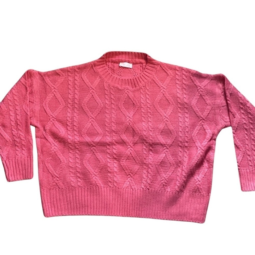 Pink Lily Cottagecore Preppy Cozy Barbiecore Pink Diamond Knit L/S Sweater SzL